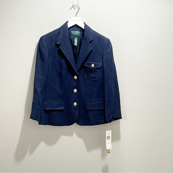 New LAUREN RALPH LAUREN Women’s Navy Blue Linen Blazer 3 Button Pocket Size 10